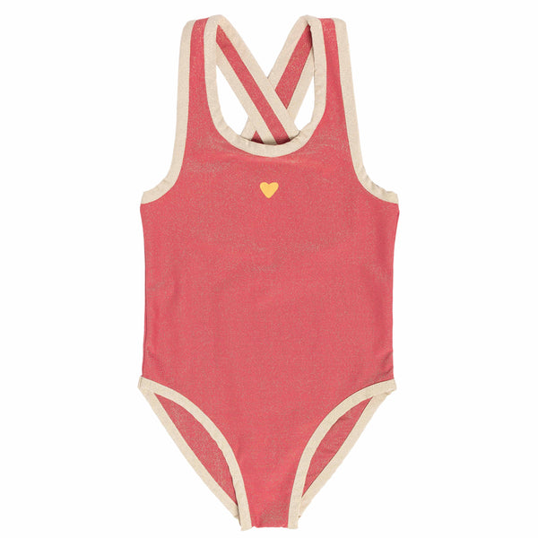 Maillot de bain une pièce rose, imprimé cœur sur le haut, vue recto