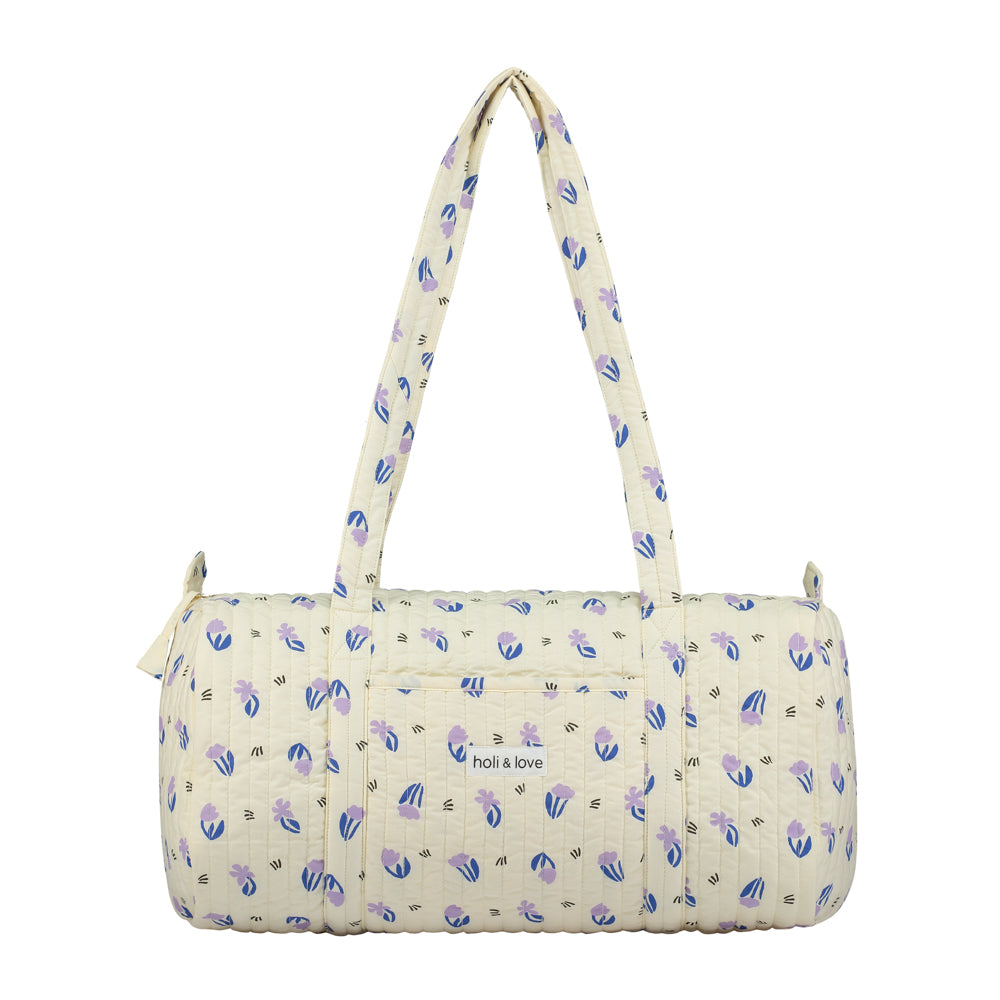 Sac weekend de voyage, sac à langer de maternité, accessoire de mode ethique en coton bio, style vintage mixte unisexe, imprimé beige motif fleurs lilas