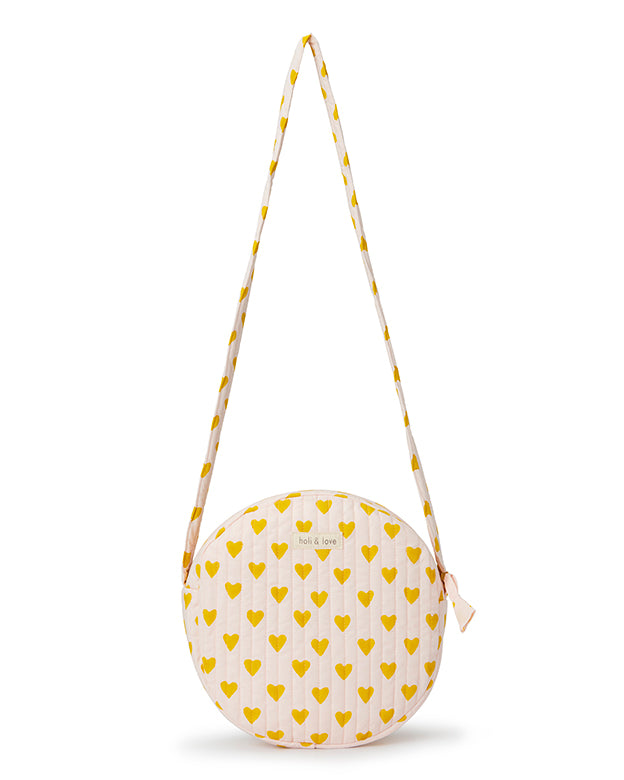 Round shoulder bag in organic cotton - Yellow heart